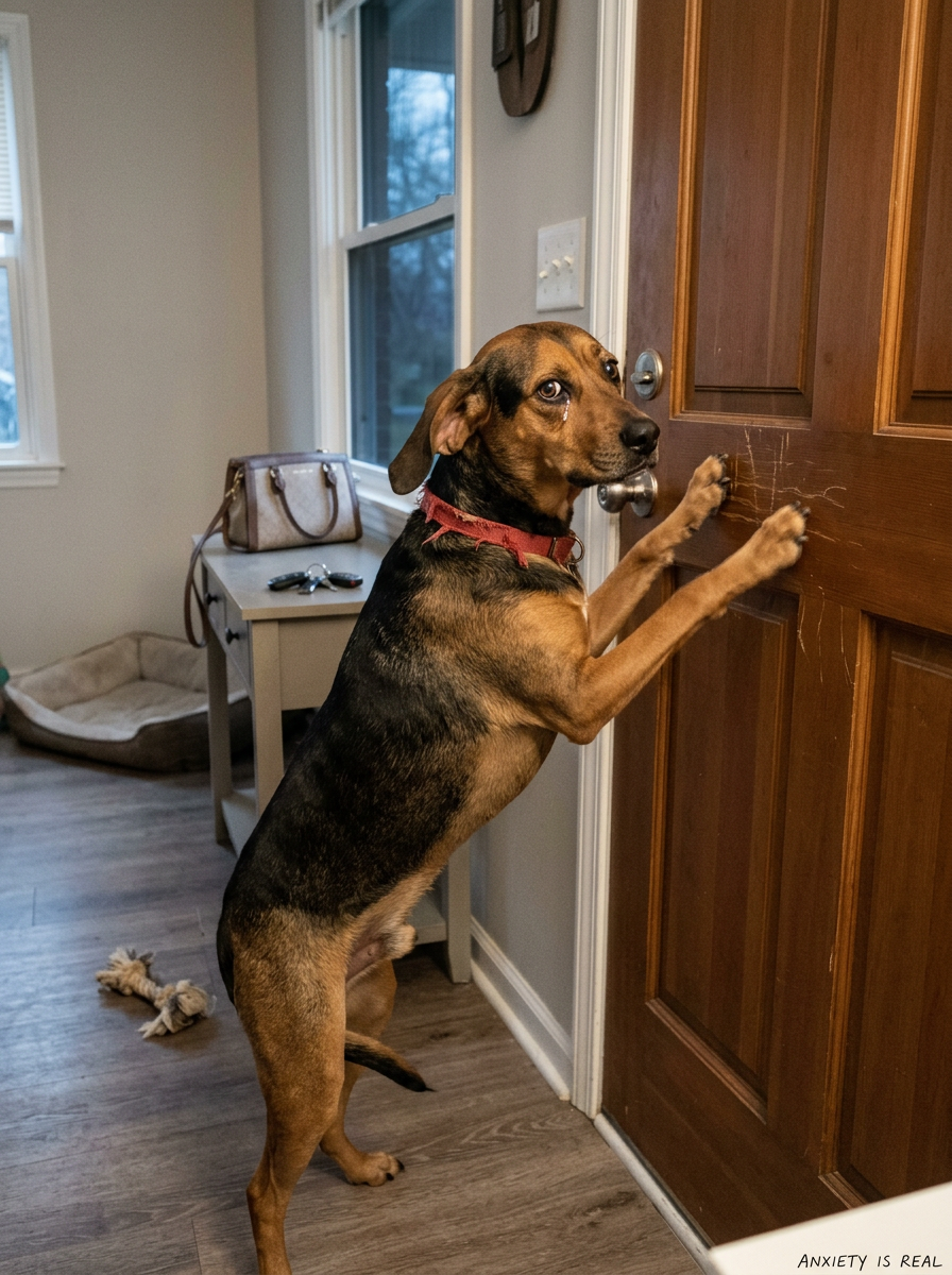 Dog pawing a wooden door; text reads “ANXIETY IS REAL.”